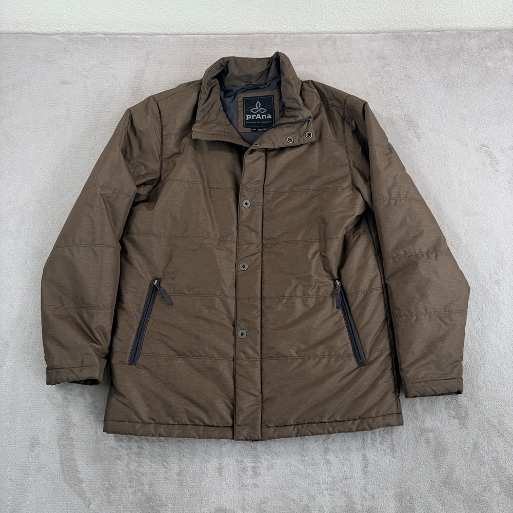 prAna Miro Jacket in Brown Full Zip Pockets Quilt Lined Insulated DWR Men Large
